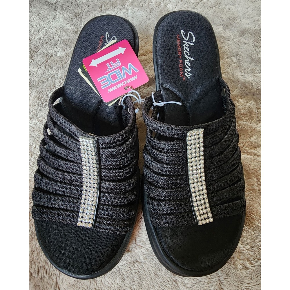 Skechers Cali Rumblers Hot Shot Black Wedge Sandals Rhinestone Womens 9 Wide